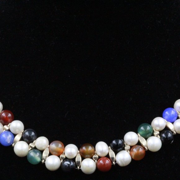 SPECTACULAR MULTI STONE CARNELIAN CHALCEDONY PEARL ONYX TWO ROWS NECKLACE - Picture 2 of 5